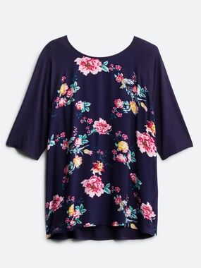 KAILEIGH Vernon Mixed Material Scoop Neck Short Sleeves Top Navy Floral  2X